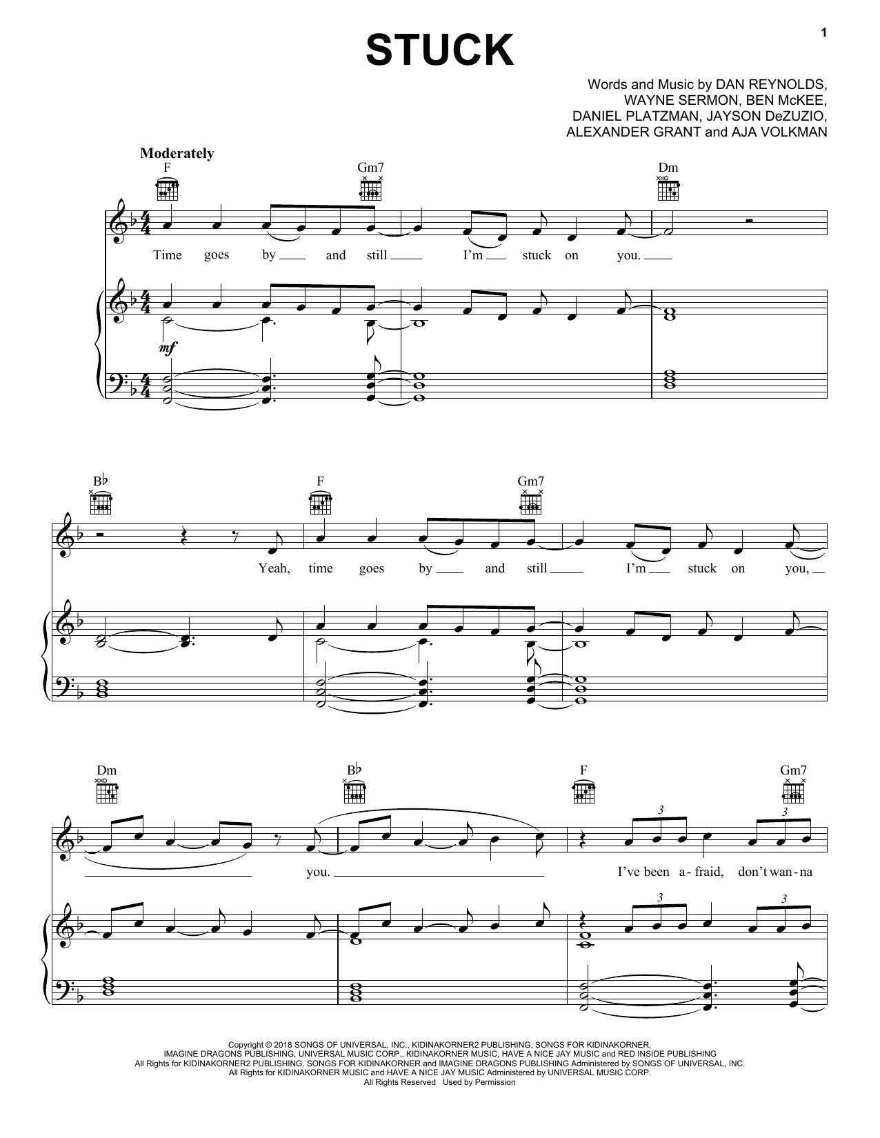 Download Imagine Dragons Stuck Sheet Music and learn how to play Piano, Vocal & Guitar Chords (Right-Hand Melody) PDF digital score in minutes