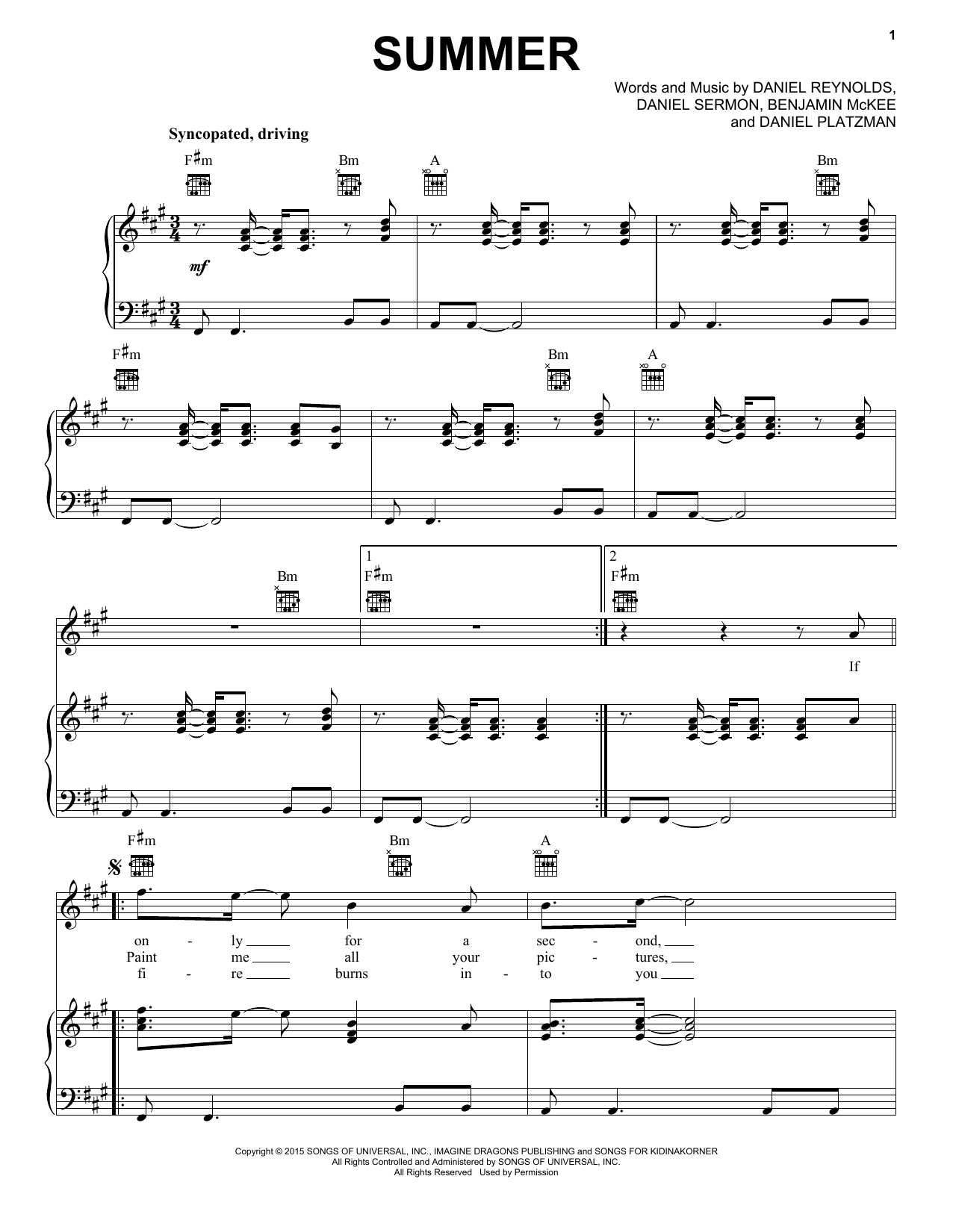 Download Imagine Dragons Summer Sheet Music and learn how to play Piano, Vocal & Guitar (Right-Hand Melody) PDF digital score in minutes