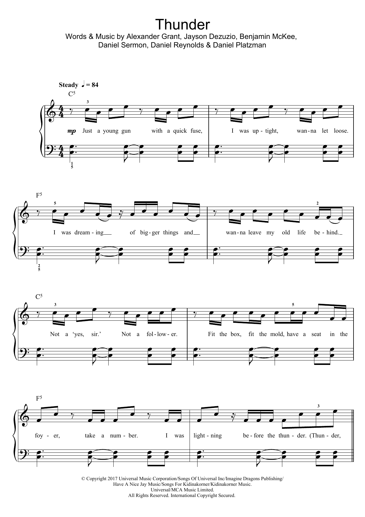 Download Imagine Dragons Thunder Sheet Music and learn how to play Beginner Piano PDF digital score in minutes