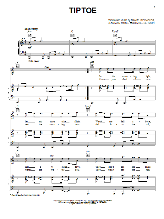 Download Imagine Dragons Tiptoe Sheet Music and learn how to play Piano, Vocal & Guitar (Right-Hand Melody) PDF digital score in minutes