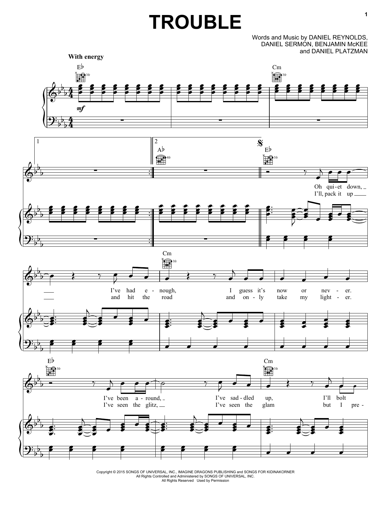Download Imagine Dragons Trouble Sheet Music and learn how to play Piano, Vocal & Guitar (Right-Hand Melody) PDF digital score in minutes