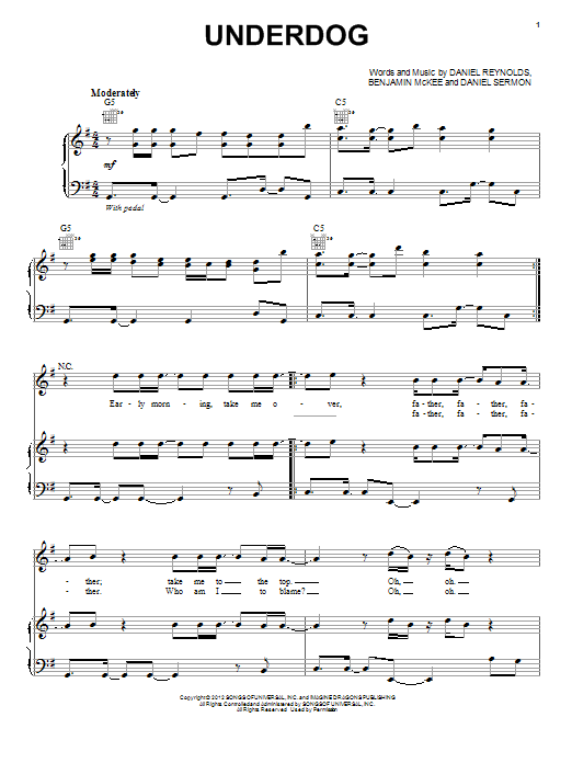 Download Imagine Dragons Underdog Sheet Music and learn how to play Piano, Vocal & Guitar (Right-Hand Melody) PDF digital score in minutes