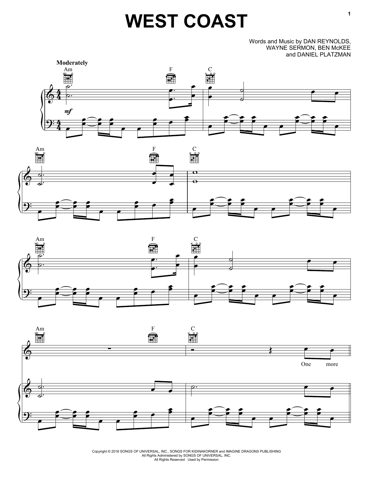 Download Imagine Dragons West Coast Sheet Music and learn how to play Piano, Vocal & Guitar Chords (Right-Hand Melody) PDF digital score in minutes