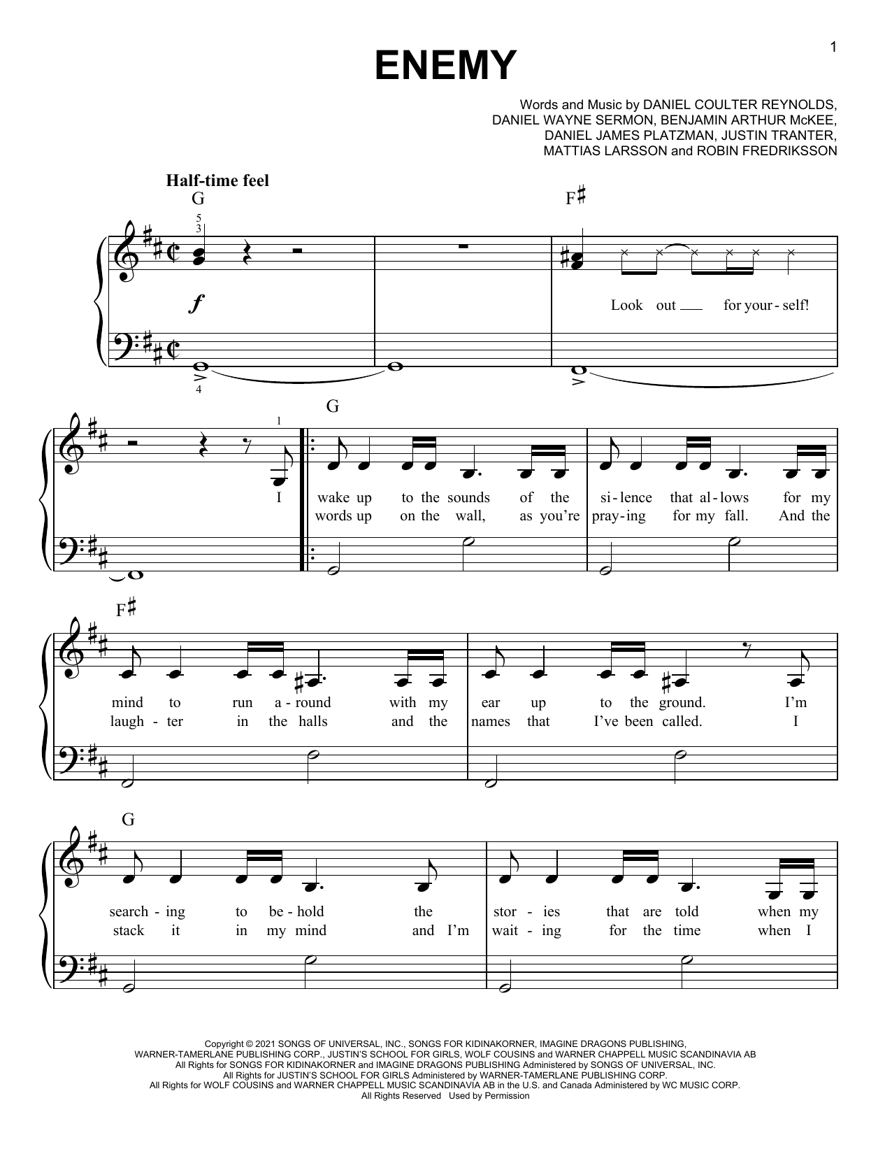 Download Imagine Dragons X JID Enemy (from the series Arcane League of Legends) Sheet Music and learn how to play Easy Piano PDF digital score in minutes