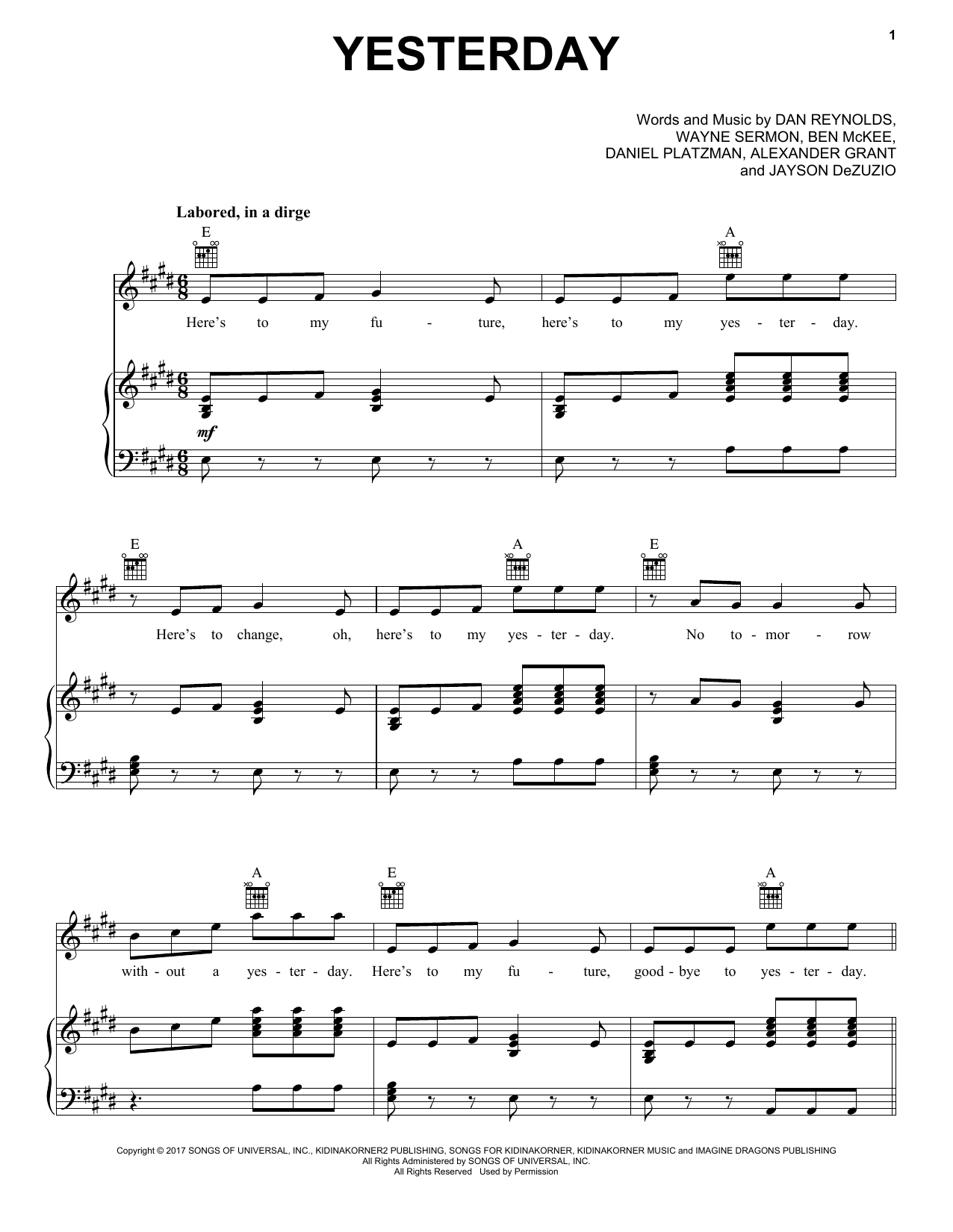 Download Imagine Dragons Yesterday Sheet Music and learn how to play Piano, Vocal & Guitar (Right-Hand Melody) PDF digital score in minutes