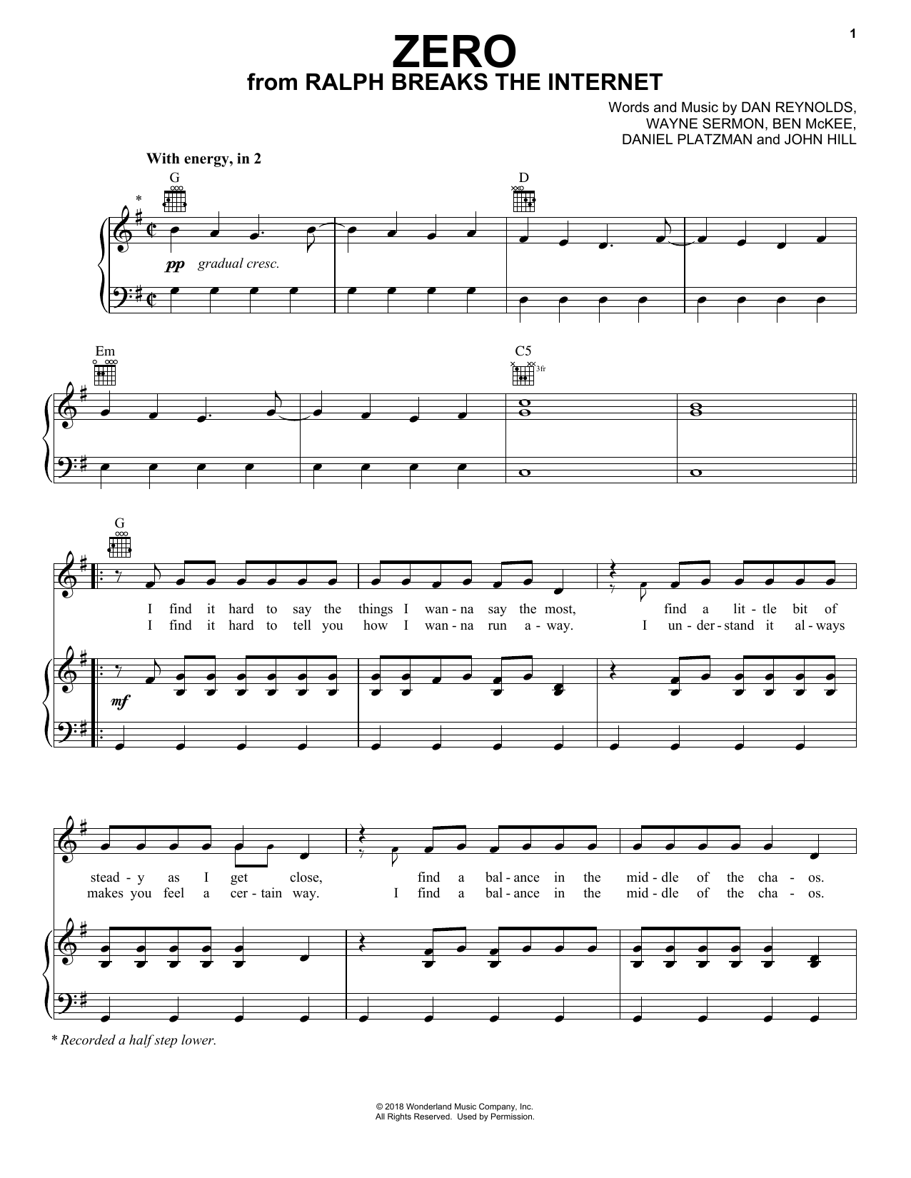 Download Imagine Dragons Zero (from Ralph Breaks The Internet) Sheet Music and learn how to play Easy Piano PDF digital score in minutes