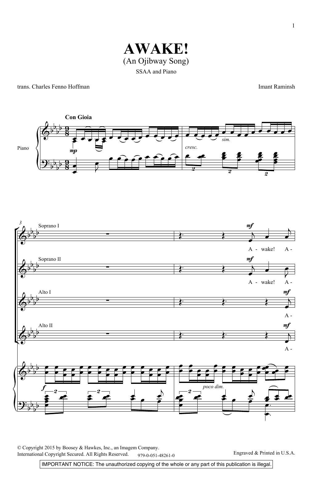 Download Imant Raminsh Awake! An Ojibway Song Sheet Music and learn how to play SSA Choir PDF digital score in minutes