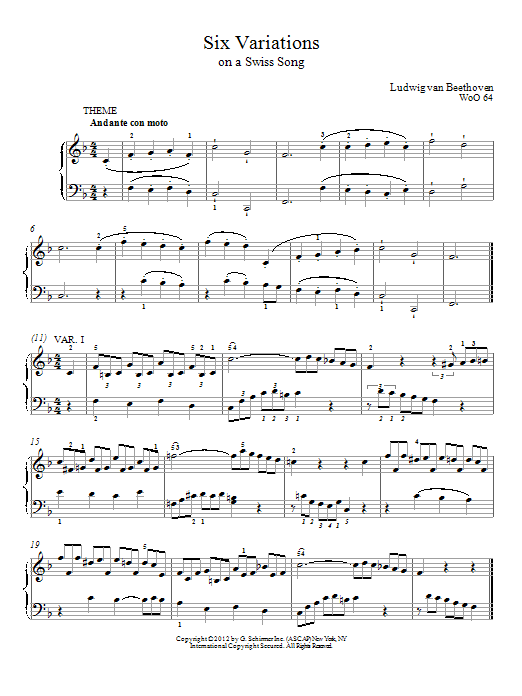 Download Ludwig van Beethoven Six Variations On A Swiss Song In F Major, WoO 64 Sheet Music and learn how to play Piano PDF digital score in minutes