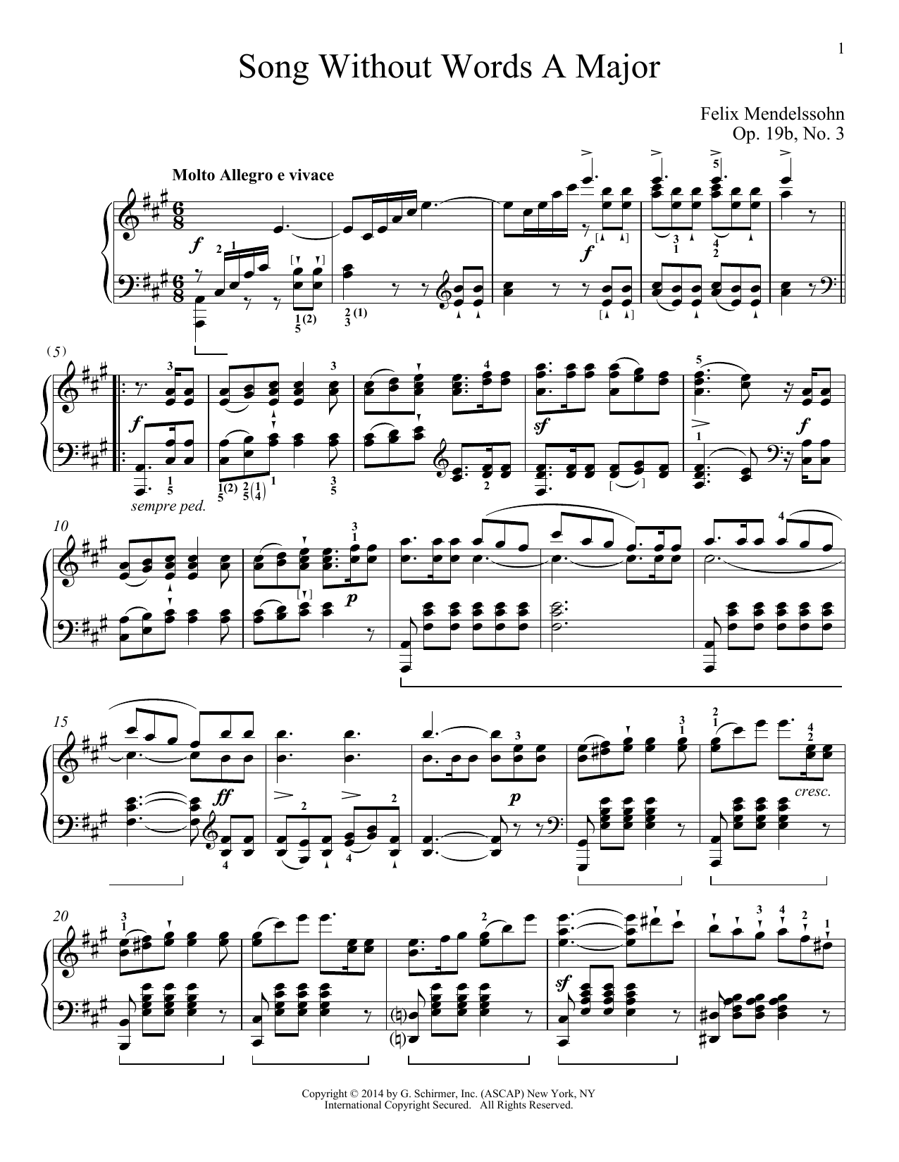 Download Felix Mendelssohn Song Without Words In A Major, Op. 19, No. 3 Sheet Music and learn how to play Piano PDF digital score in minutes