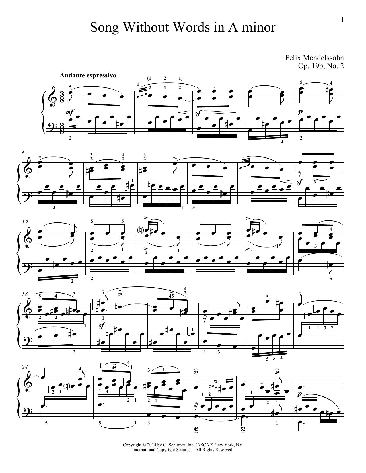 Download Felix Mendelssohn Song Without Words In A Minor, Op. 19, No. 2 Sheet Music and learn how to play Piano PDF digital score in minutes
