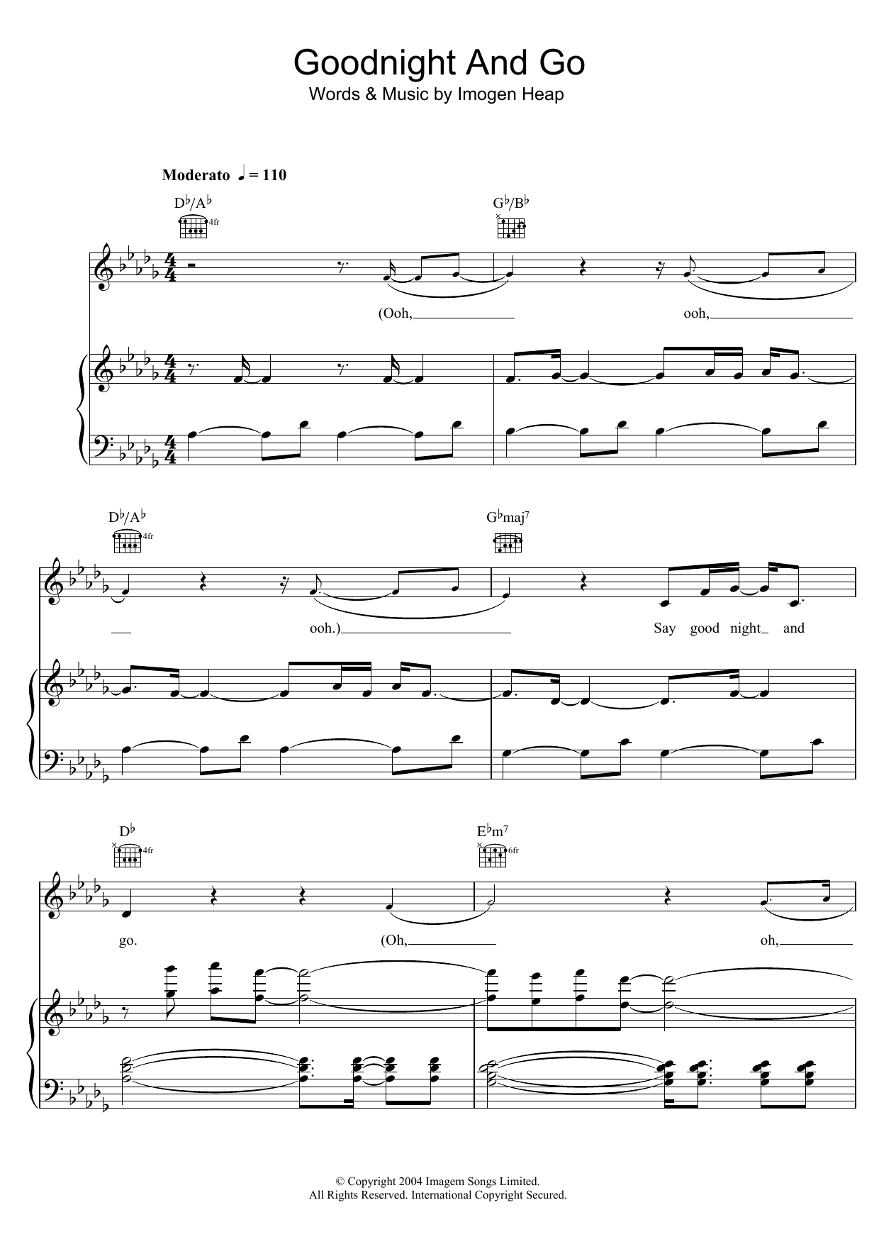 Download Imogen Heap Goodnight And Go Sheet Music and learn how to play Piano, Vocal & Guitar PDF digital score in minutes