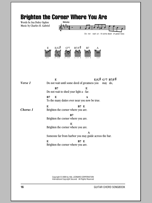 Download Ina Duley Ogdon Brighten The Corner Where You Are Sheet Music and learn how to play Lyrics & Chords PDF digital score in minutes