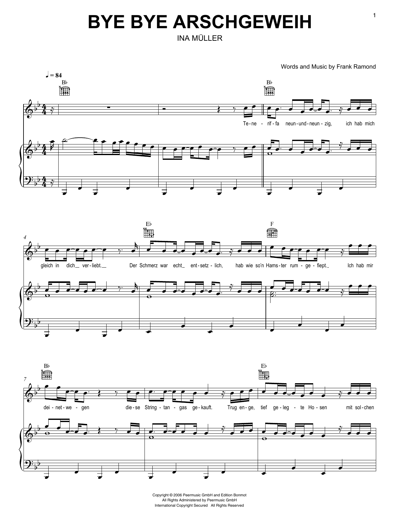 Download Ina Müller Bye Bye Arschgeweih Sheet Music and learn how to play Piano, Vocal & Guitar Chords (Right-Hand Melody) PDF digital score in minutes