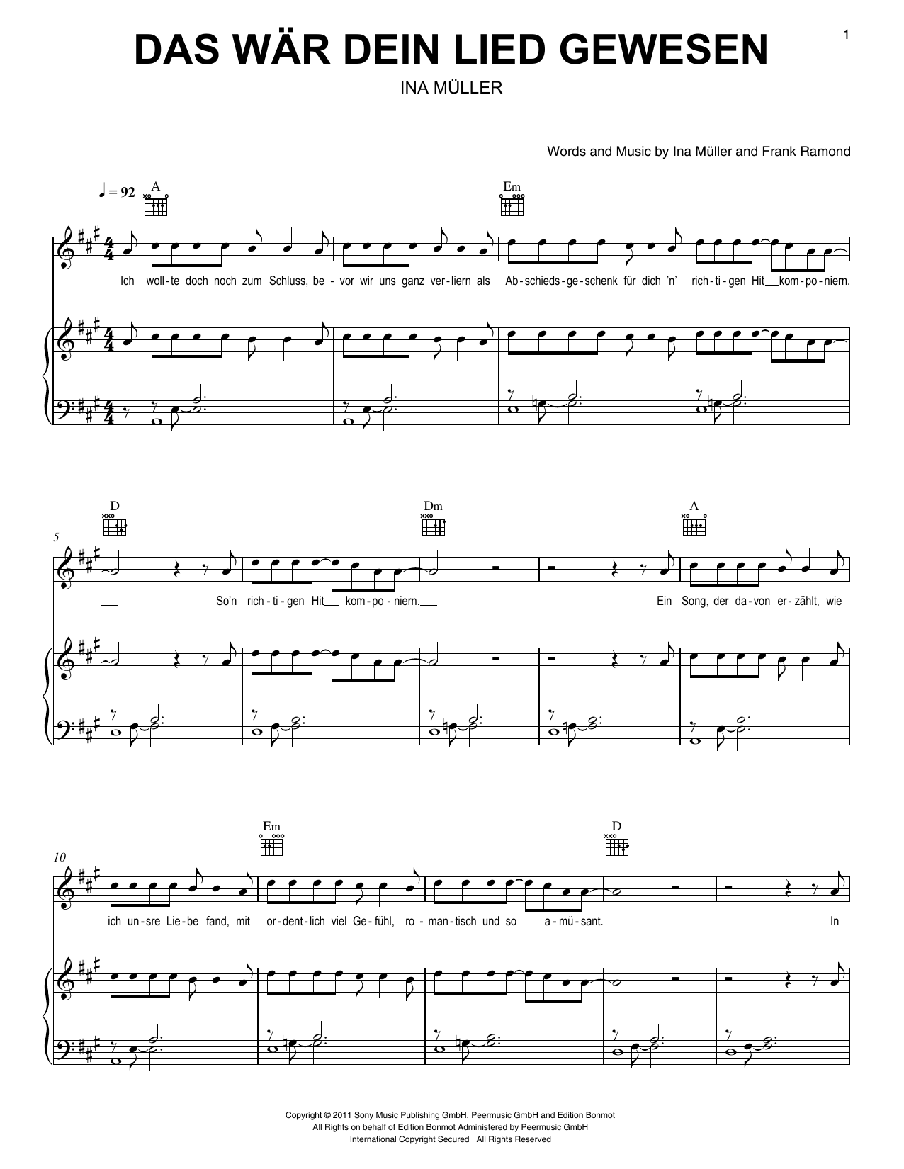 Download Ina Müller Das wär dein Lied gewesen Sheet Music and learn how to play Piano, Vocal & Guitar Chords (Right-Hand Melody) PDF digital score in minutes