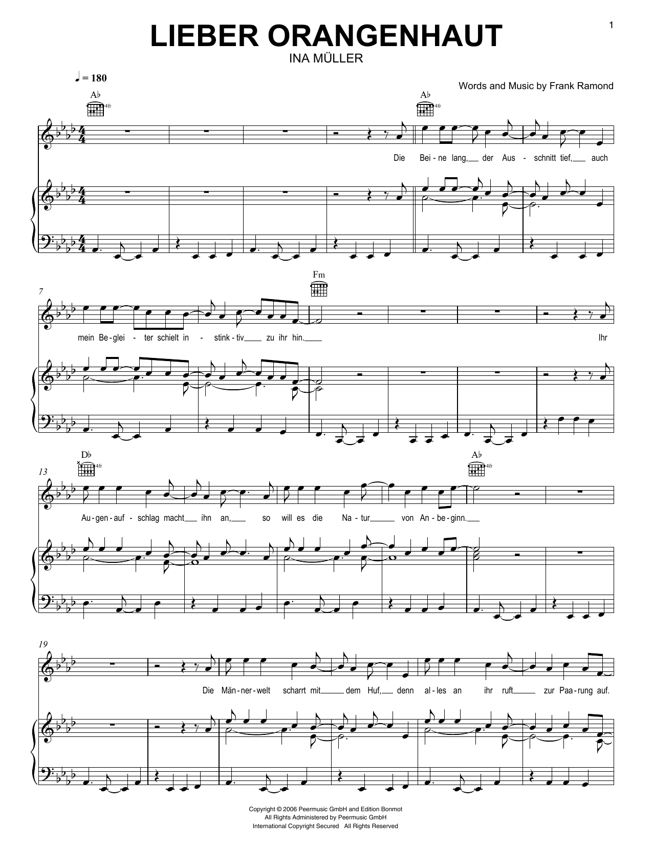 Download Ina Müller Lieber Orangenhaut Sheet Music and learn how to play Piano, Vocal & Guitar Chords (Right-Hand Melody) PDF digital score in minutes