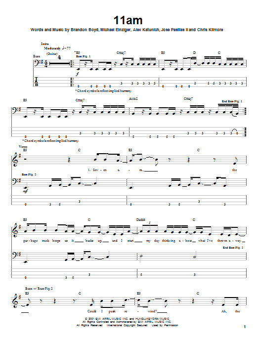 Download Incubus 11am Sheet Music and learn how to play Bass Guitar Tab PDF digital score in minutes