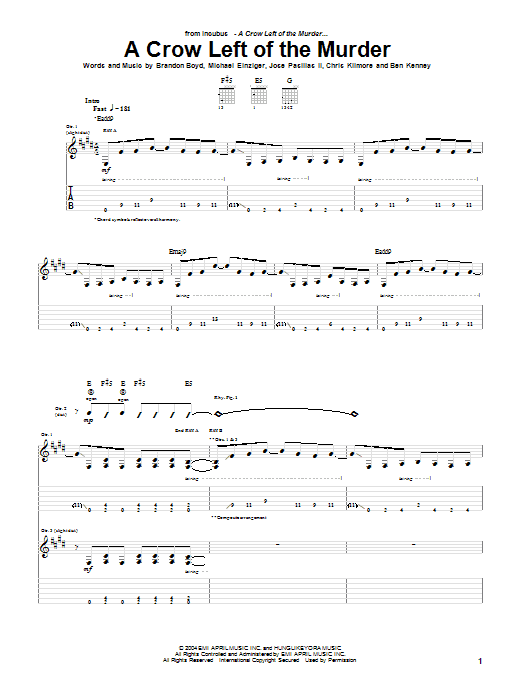 Download Incubus A Crow Left Of The Murder Sheet Music and learn how to play Guitar Tab PDF digital score in minutes