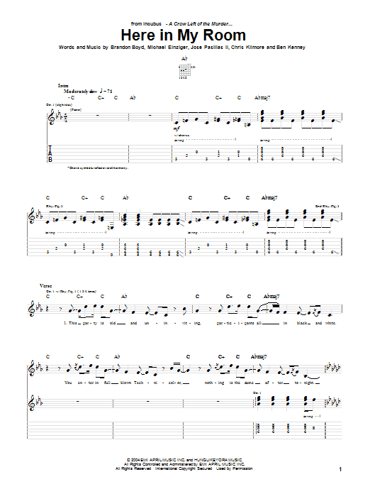 Download Incubus Here In My Room Sheet Music and learn how to play Guitar Tab PDF digital score in minutes