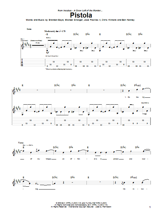 Download Incubus Pistola Sheet Music and learn how to play Guitar Tab PDF digital score in minutes