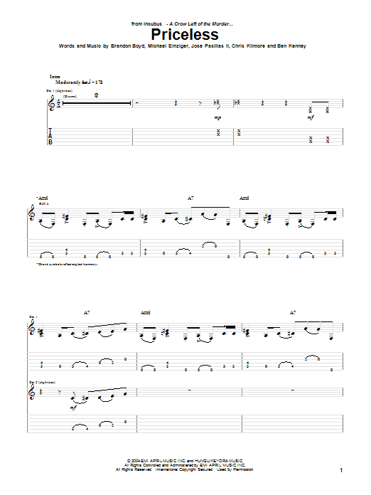 Download Incubus Priceless Sheet Music and learn how to play Guitar Tab PDF digital score in minutes