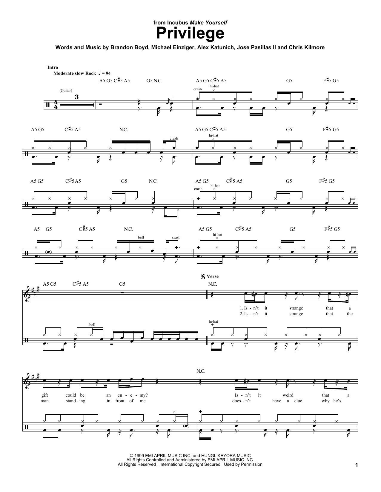 Download Incubus Privilege Sheet Music and learn how to play Drums Transcription PDF digital score in minutes