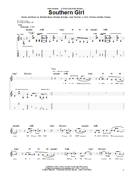 Download Incubus Southern Girl Sheet Music and learn how to play Guitar Tab PDF digital score in minutes