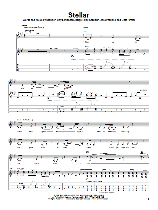 Download Incubus Stellar Sheet Music and learn how to play Easy Guitar Tab PDF digital score in minutes