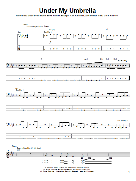 Download Incubus Under My Umbrella Sheet Music and learn how to play Bass Guitar Tab PDF digital score in minutes