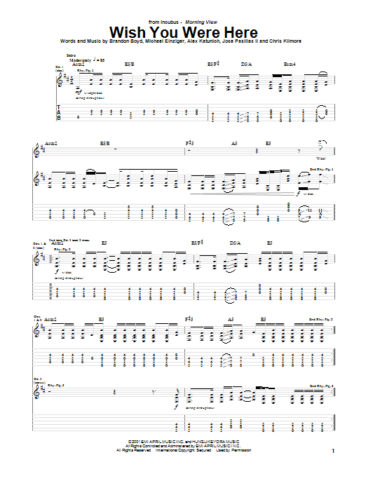 Download Incubus Wish You Were Here Sheet Music and learn how to play Easy Guitar PDF digital score in minutes