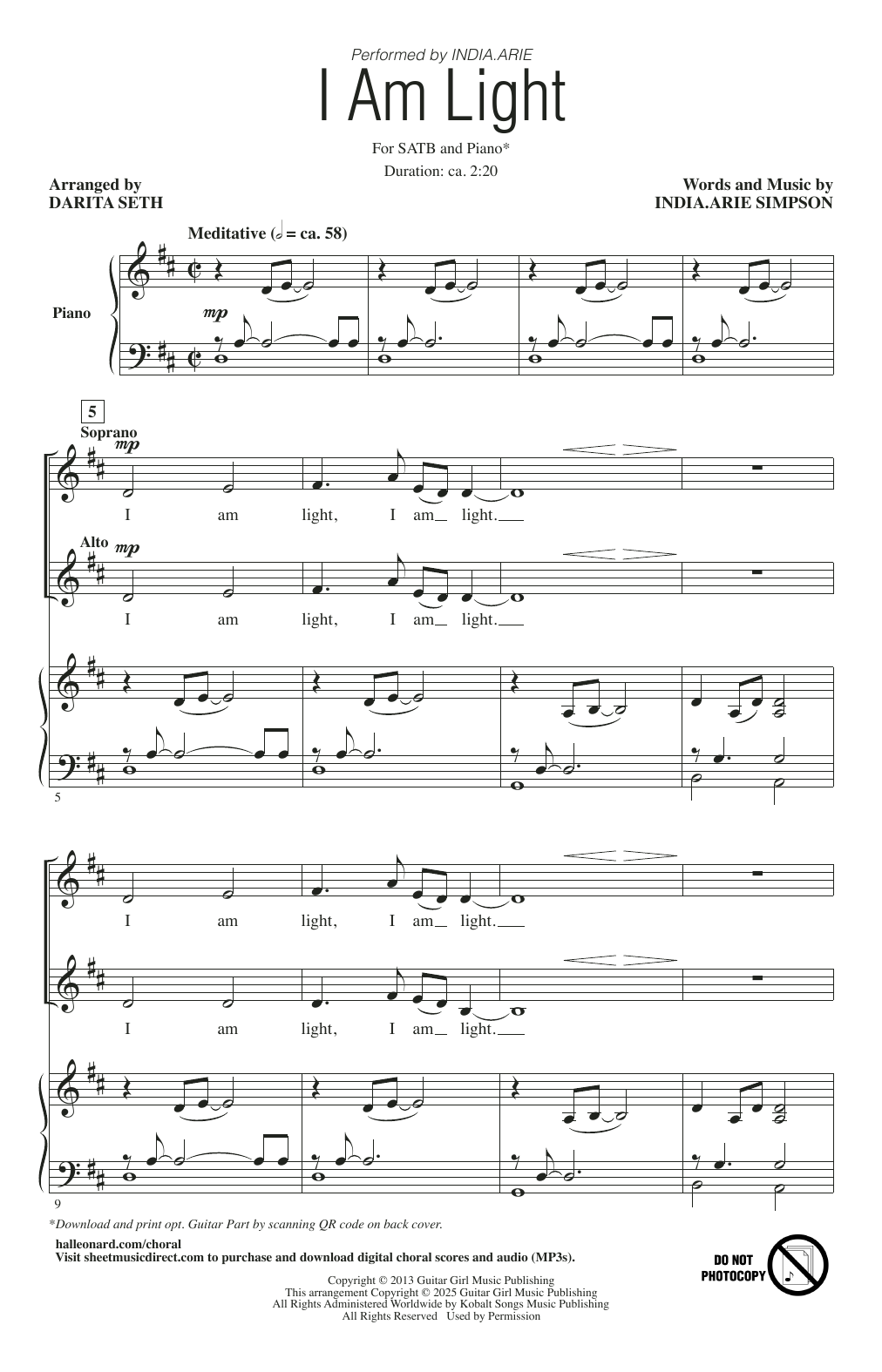 Download India.Arie I Am Light (arr. Darita Seth) Sheet Music and learn how to play SATB Choir PDF digital score in minutes