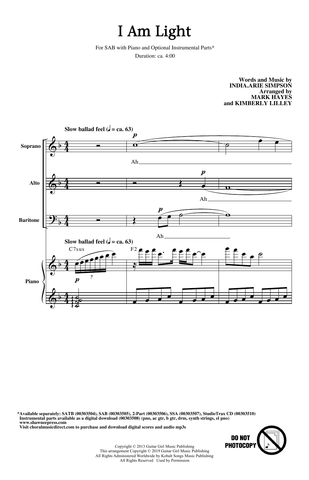 Download India.Arie I Am Light (arr. Mark Hayes and Kimberly Lilley) Sheet Music and learn how to play 2-Part Choir PDF digital score in minutes