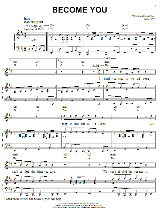 Download Indigo Girls Become You Sheet Music and learn how to play Piano, Vocal & Guitar (Right-Hand Melody) PDF digital score in minutes
