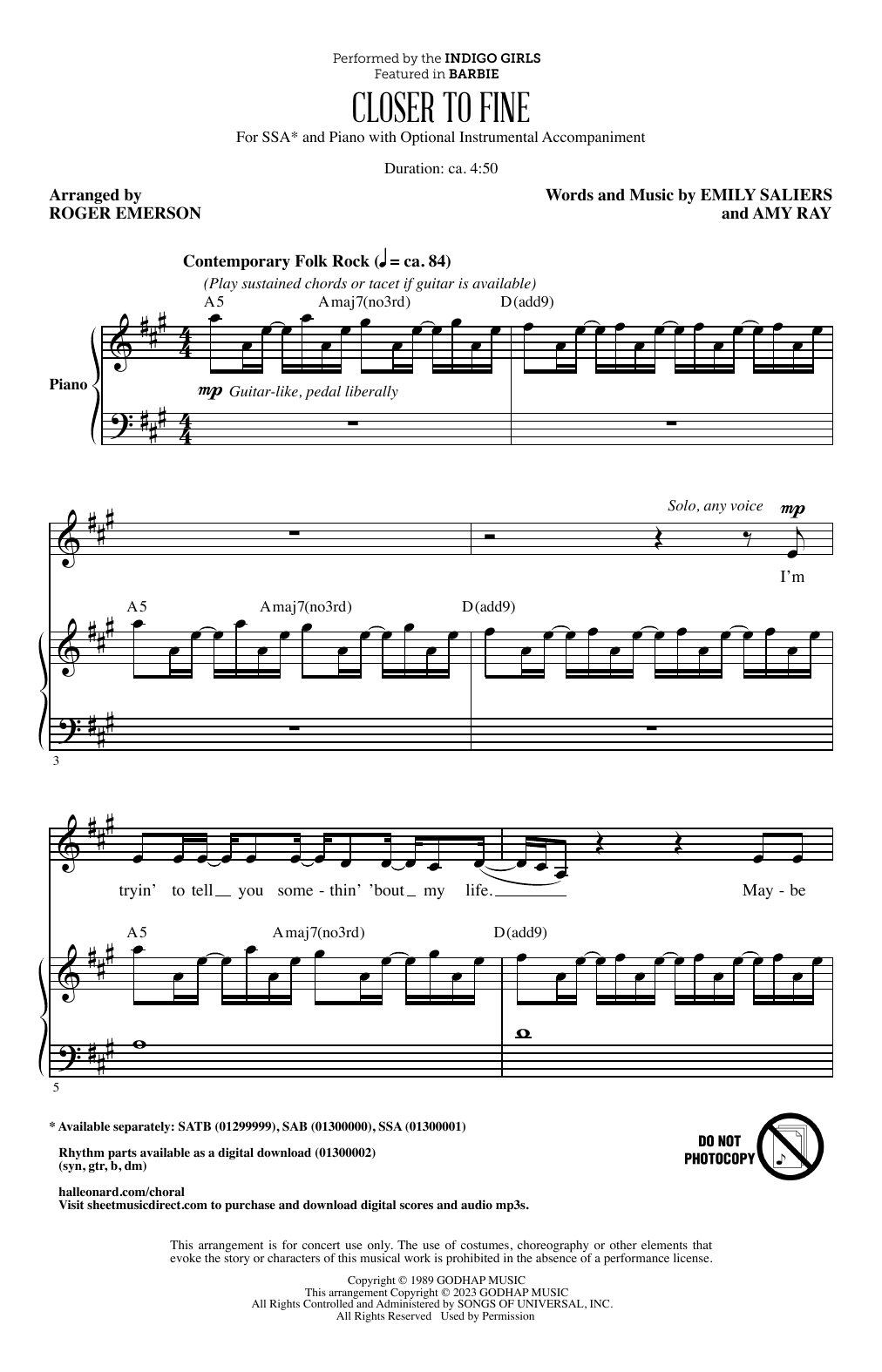 Download Indigo Girls Closer To Fine (arr. Roger Emerson) Sheet Music and learn how to play SATB Choir PDF digital score in minutes