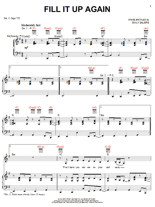 Download Indigo Girls Fill It Up Again Sheet Music and learn how to play Piano, Vocal & Guitar (Right-Hand Melody) PDF digital score in minutes