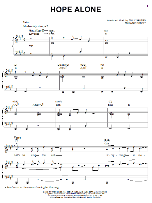 Download Indigo Girls Hope Alone Sheet Music and learn how to play Piano, Vocal & Guitar (Right-Hand Melody) PDF digital score in minutes