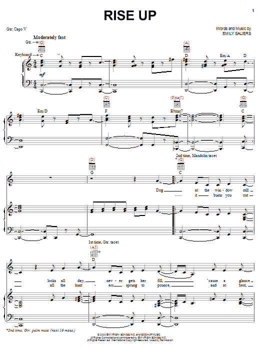 Download Indigo Girls Rise Up Sheet Music and learn how to play Piano, Vocal & Guitar (Right-Hand Melody) PDF digital score in minutes