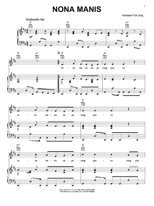 Download Indonesian Folk Song Nona Manis Sheet Music and learn how to play Piano, Vocal & Guitar (Right-Hand Melody) PDF digital score in minutes