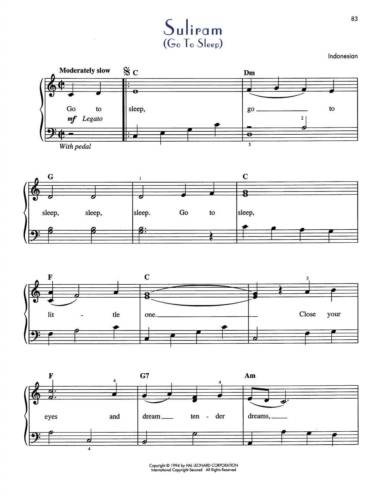 Download Indonesian Folksong Suliram (Go To Sleep) Sheet Music and learn how to play Easy Piano PDF digital score in minutes