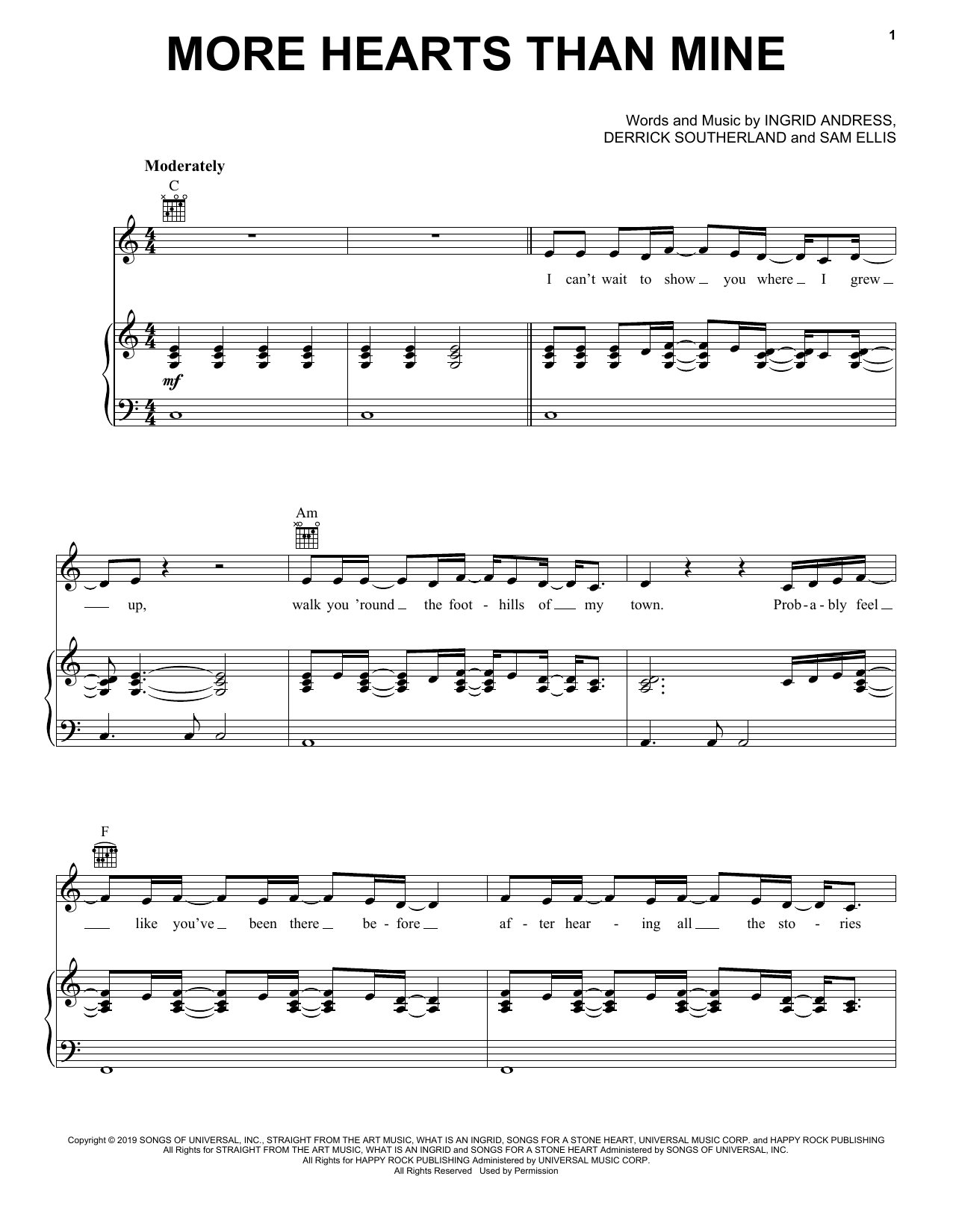 Download Ingrid Andress More Hearts Than Mine Sheet Music and learn how to play Piano, Vocal & Guitar Chords (Right-Hand Melody) PDF digital score in minutes