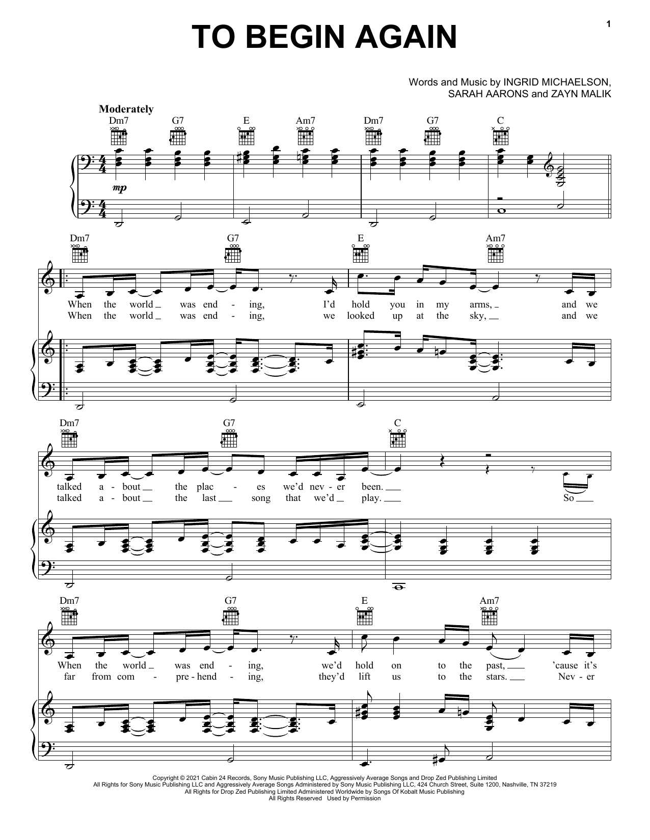 Download Ingrid Michaelson & ZAYN To Begin Again Sheet Music and learn how to play Piano, Vocal & Guitar Chords (Right-Hand Melody) PDF digital score in minutes