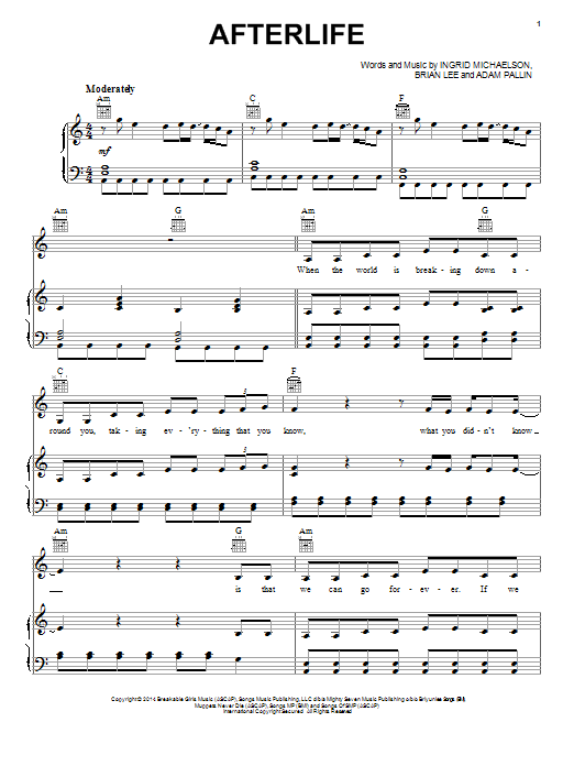Download Ingrid Michaelson Afterlife Sheet Music and learn how to play Piano, Vocal & Guitar (Right-Hand Melody) PDF digital score in minutes