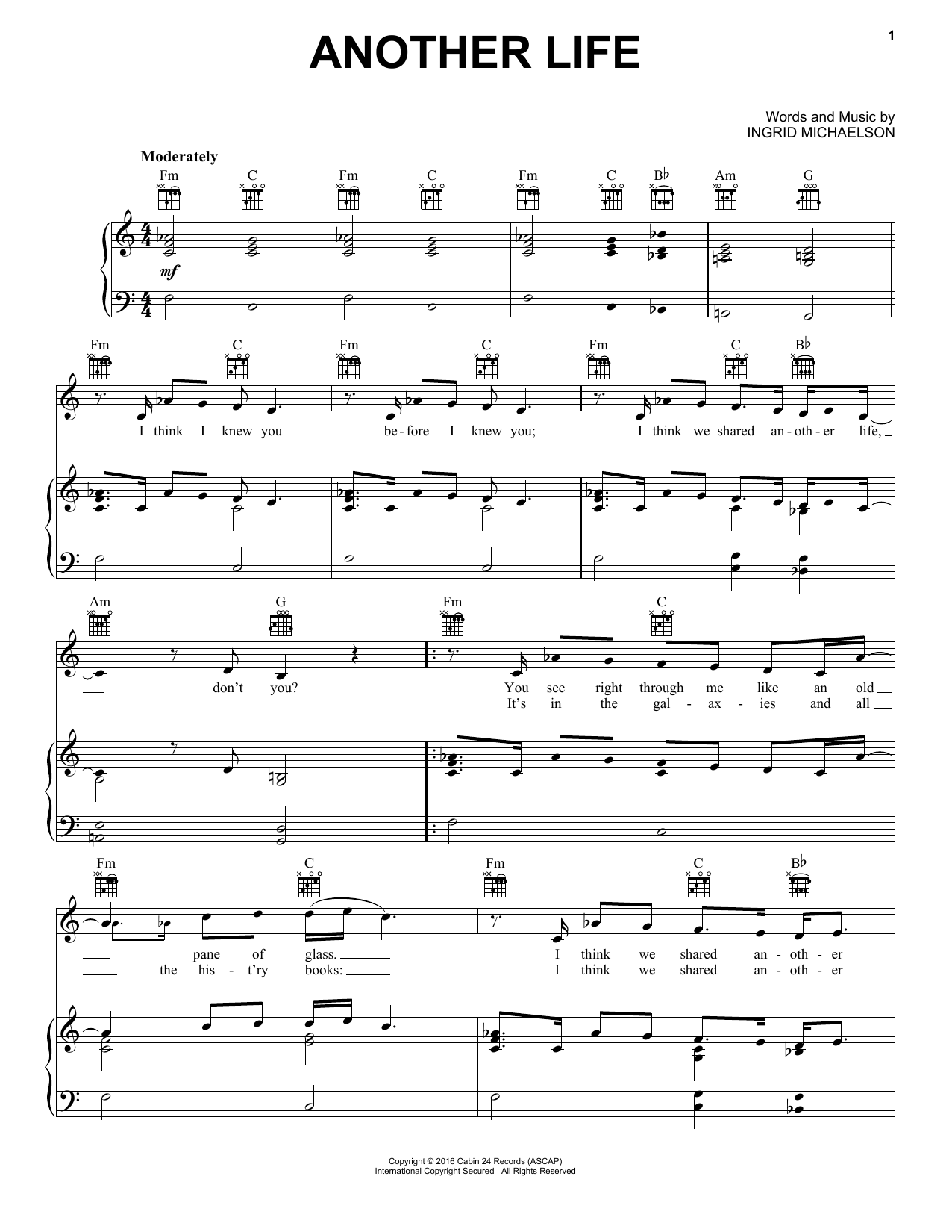 Download Ingrid Michaelson Another Life Sheet Music and learn how to play Piano, Vocal & Guitar (Right-Hand Melody) PDF digital score in minutes