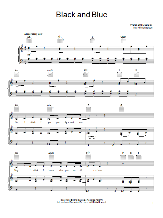 Download Ingrid Michaelson Black And Blue Sheet Music and learn how to play Piano, Vocal & Guitar (Right-Hand Melody) PDF digital score in minutes