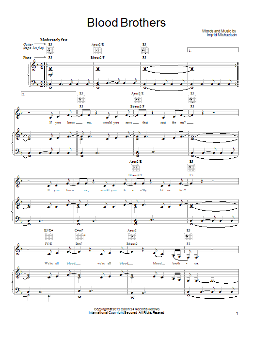 Download Ingrid Michaelson Blood Brothers Sheet Music and learn how to play Piano, Vocal & Guitar (Right-Hand Melody) PDF digital score in minutes