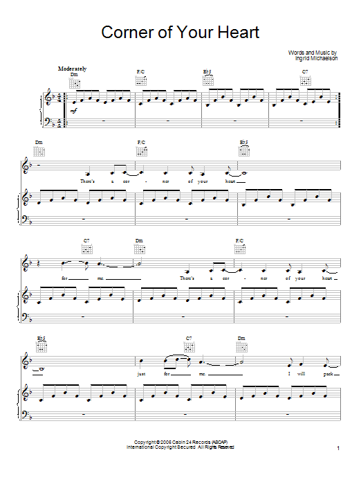 Download Ingrid Michaelson Corner Of Your Heart Sheet Music and learn how to play Piano, Vocal & Guitar (Right-Hand Melody) PDF digital score in minutes