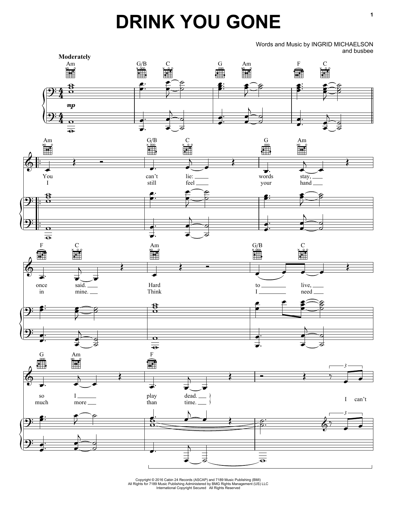 Download Ingrid Michaelson Drink You Gone Sheet Music and learn how to play Piano, Vocal & Guitar (Right-Hand Melody) PDF digital score in minutes