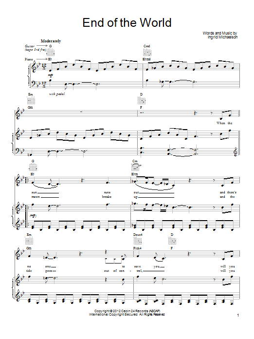 Download Ingrid Michaelson End Of The World Sheet Music and learn how to play Piano, Vocal & Guitar (Right-Hand Melody) PDF digital score in minutes