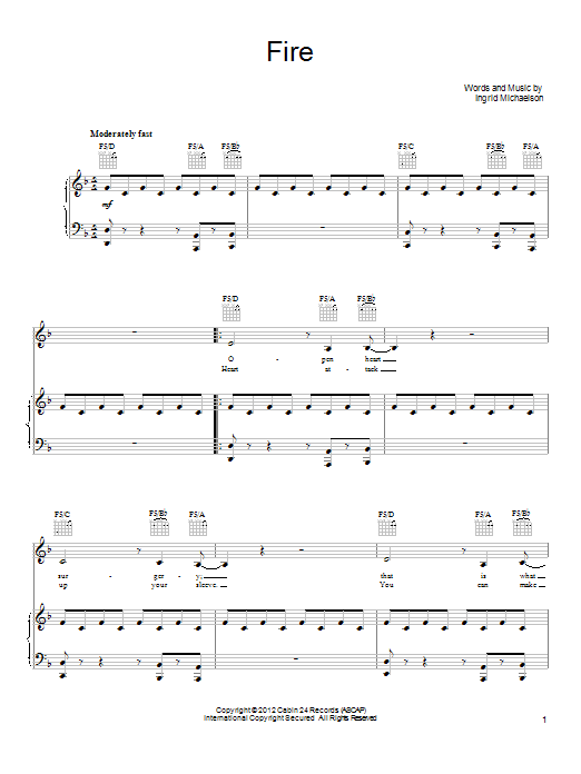 Download Ingrid Michaelson Fire Sheet Music and learn how to play Piano, Vocal & Guitar (Right-Hand Melody) PDF digital score in minutes