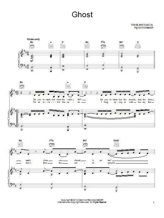 Download Ingrid Michaelson Ghost Sheet Music and learn how to play Piano, Vocal & Guitar (Right-Hand Melody) PDF digital score in minutes