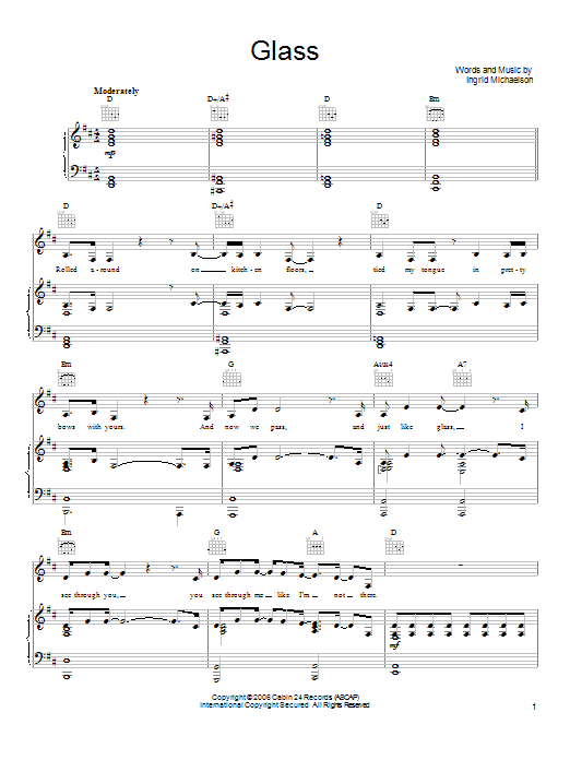 Download Ingrid Michaelson Glass Sheet Music and learn how to play Piano, Vocal & Guitar (Right-Hand Melody) PDF digital score in minutes